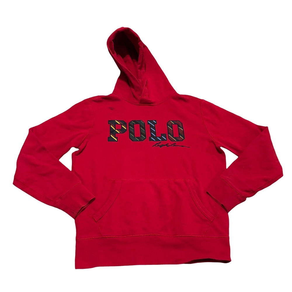 Polo‎ Ralph Lauren Mens Red Striped Logo Fleece Hoodie Sweatshirt Small